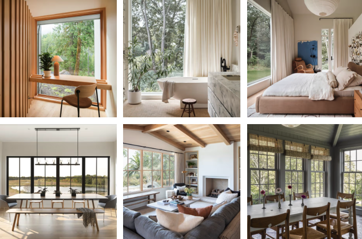 Display of various window styles and finishes offered by Champion Forest Exteriors including double-hung, casement, and picture windows.